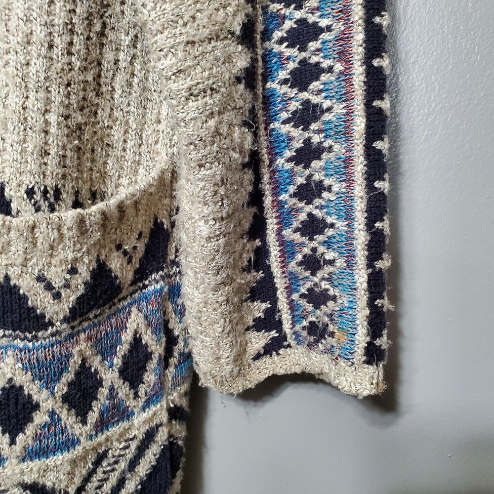 Lucky Brand Cardigan Sweater Size L/XL Oatmeal Tribal Aztec Western Open Front - Picture 6 of 12